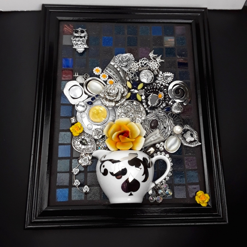 Silver jewelry wall art vintage porcelain creamer handcrafted MCM Mosaic Art